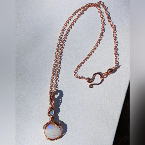 Mystical Opal Amulet Necklace Artisan Copper Wire Wrap With Dainty Chain - Picture 4 of 15